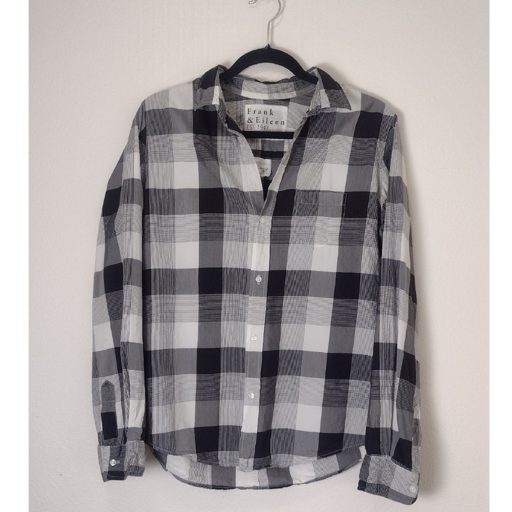 Frank & Eileen Barry Crinkle Cotton Silk  Button Down Shirt Black White Plaid